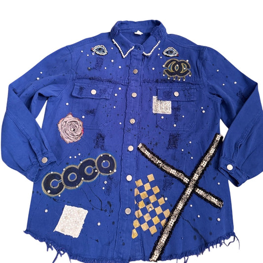Royal Blue Denim Shacket with Hand Painted Design and Embellishments