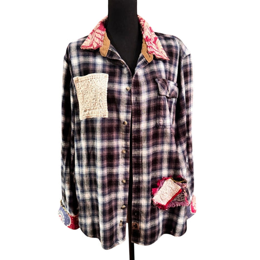 Upcycled Plaid and Kantha Shirt One of a Kind