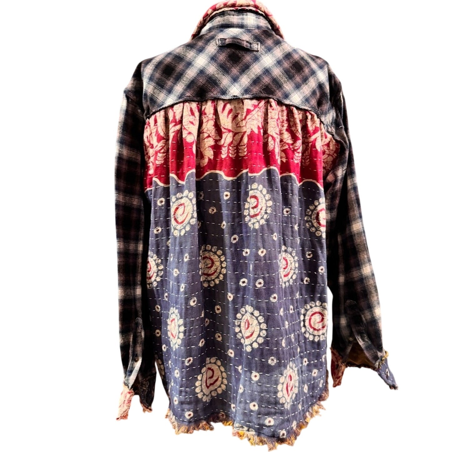 Upcycled Plaid and Kantha Shirt One of a Kind