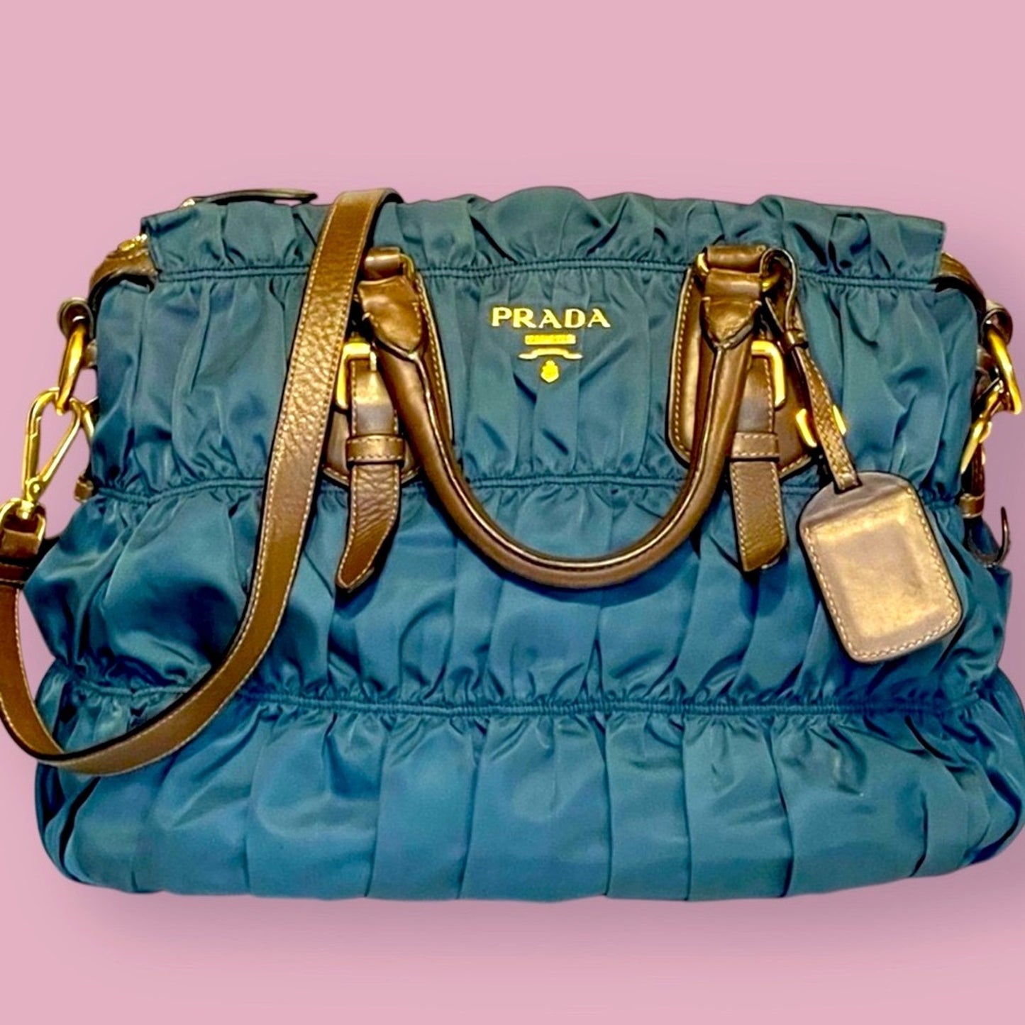 🔥PRADA Gaufre Teal blue Nylon and Leather Bag