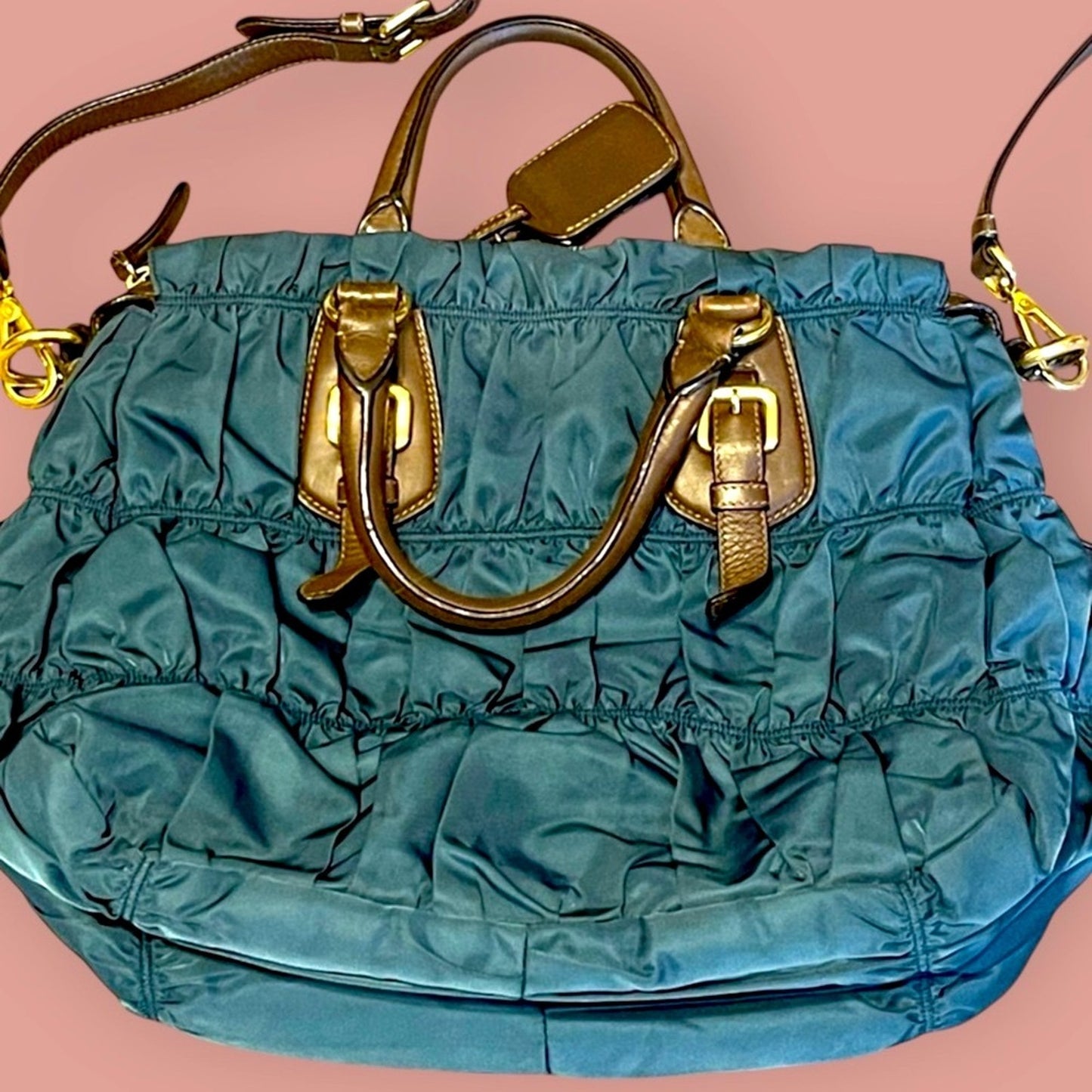 🔥PRADA Gaufre Teal blue Nylon and Leather Bag