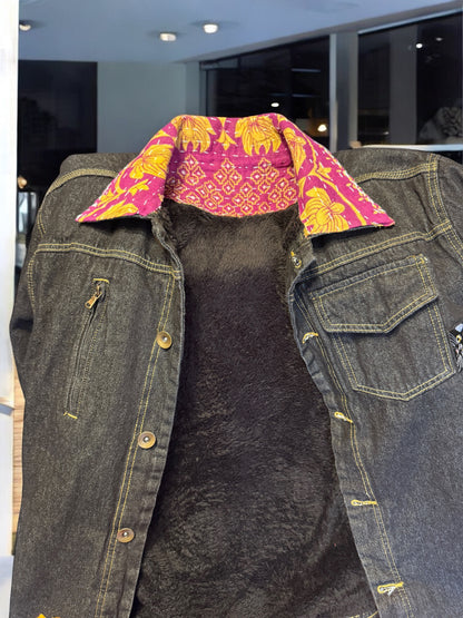 Black Denim Jacket with Gucci-Vibe Patch