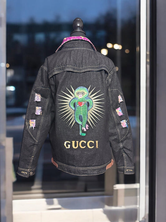 Black Denim Jacket with Gucci-Vibe Patch
