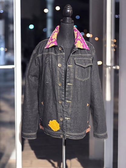Black Denim Jacket with Gucci-Vibe Patch