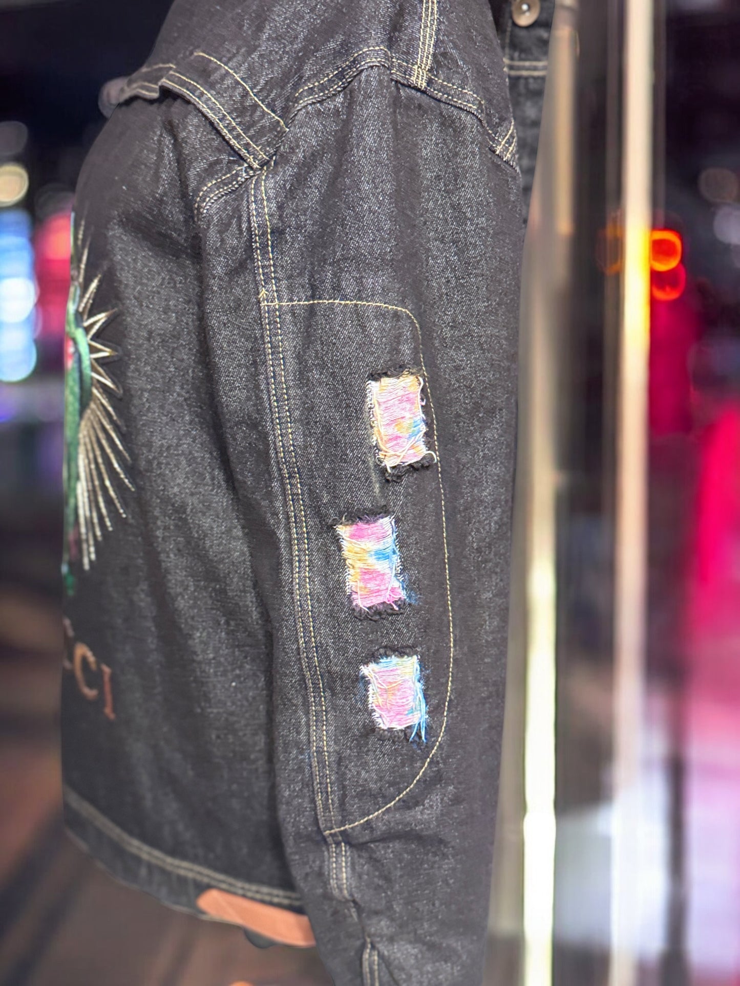 Black Denim Jacket with Gucci-Vibe Patch