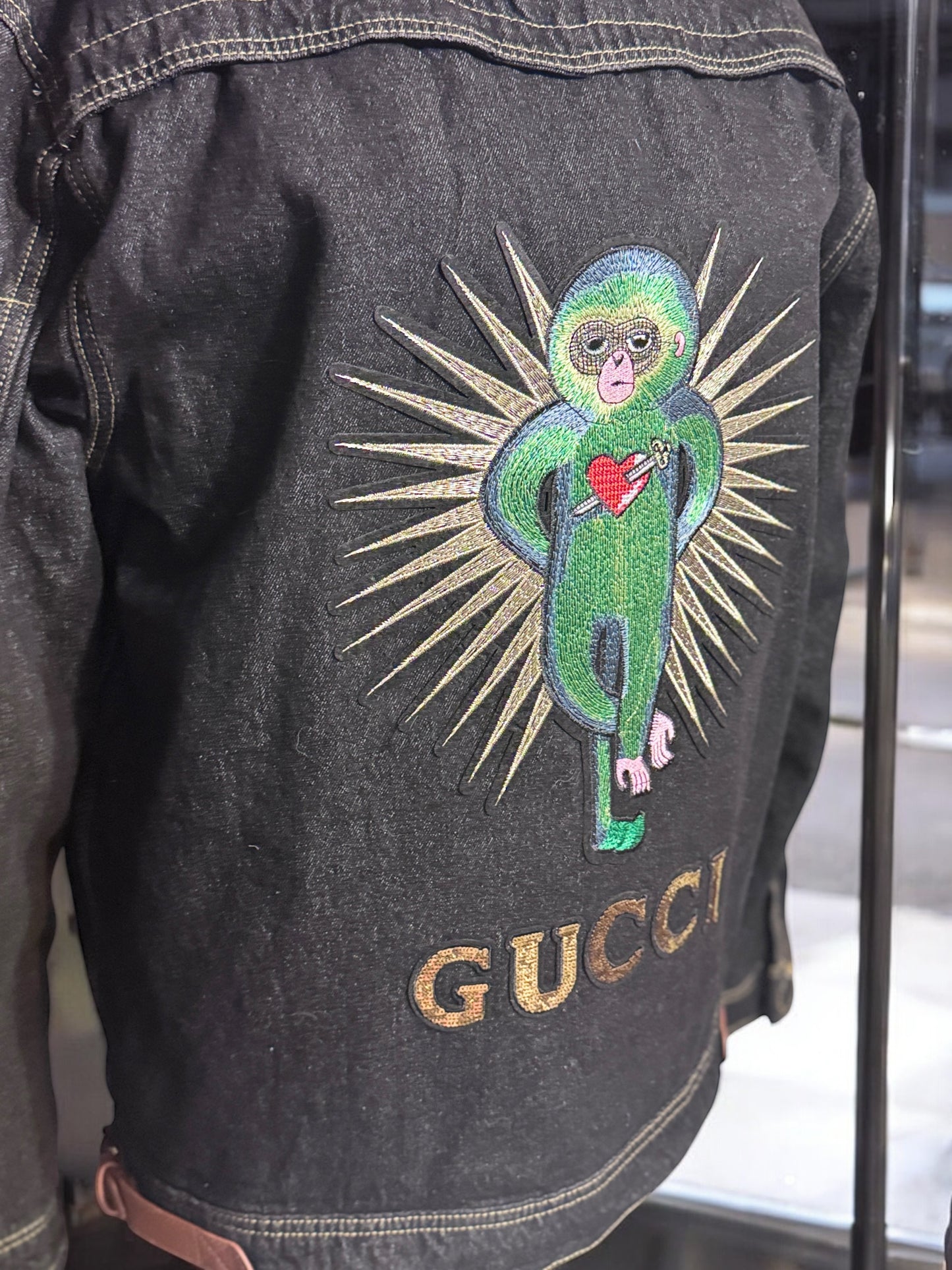 Black Denim Jacket with Gucci-Vibe Patch