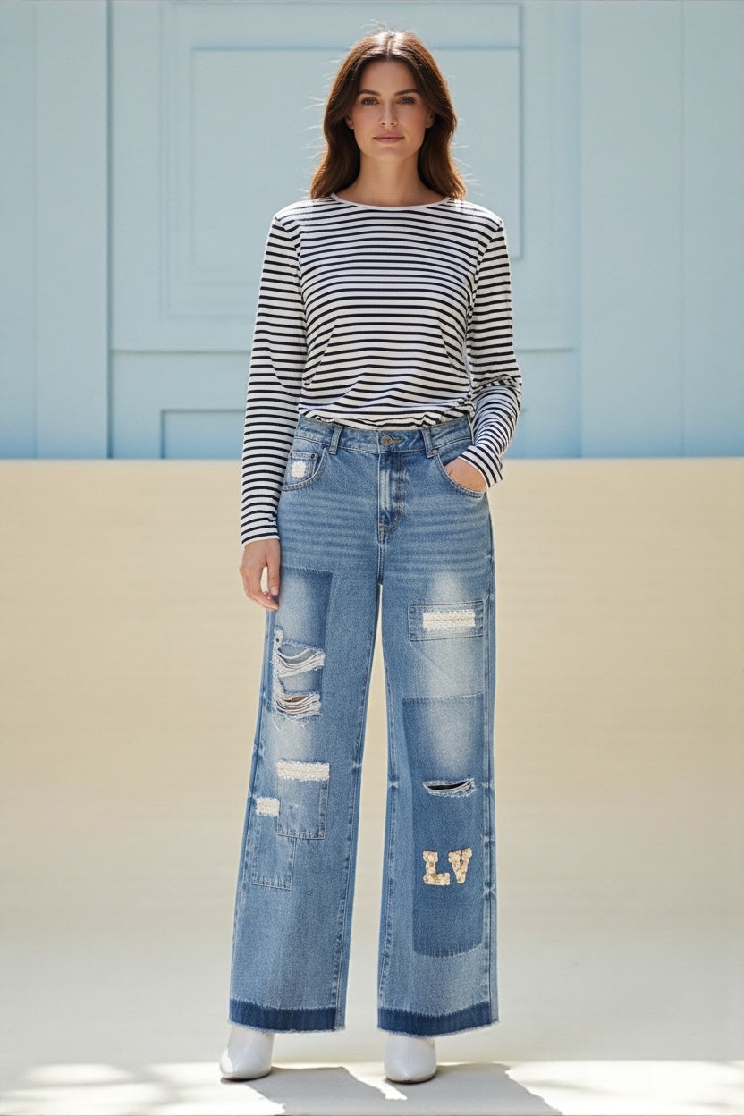 Patchwork Jeans with Embellishments