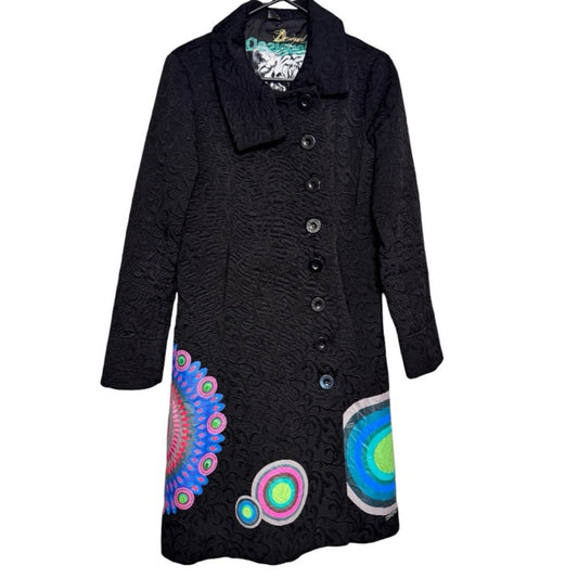 Desigual Black Trench Coat with Colorful Patterns