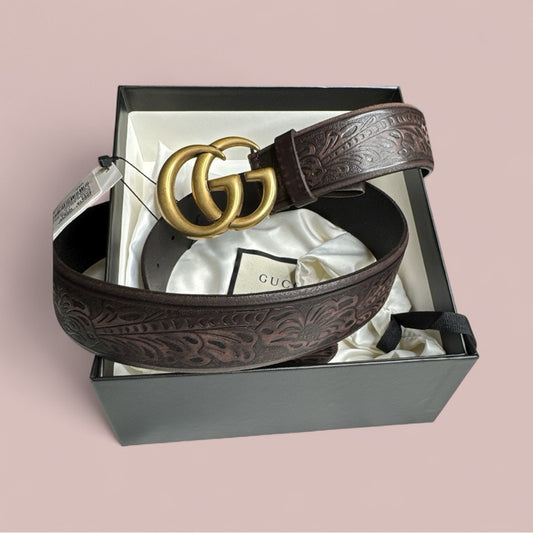 GUCCI Belt - Embossed Brown Leather