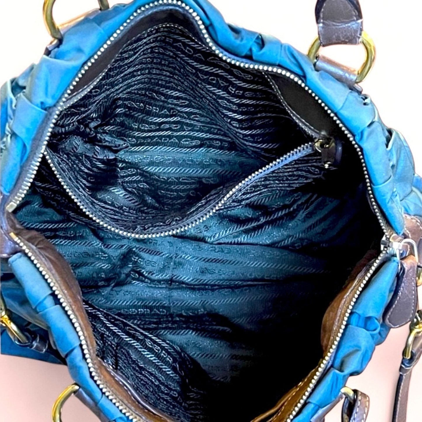 🔥PRADA Gaufre Teal blue Nylon and Leather Bag